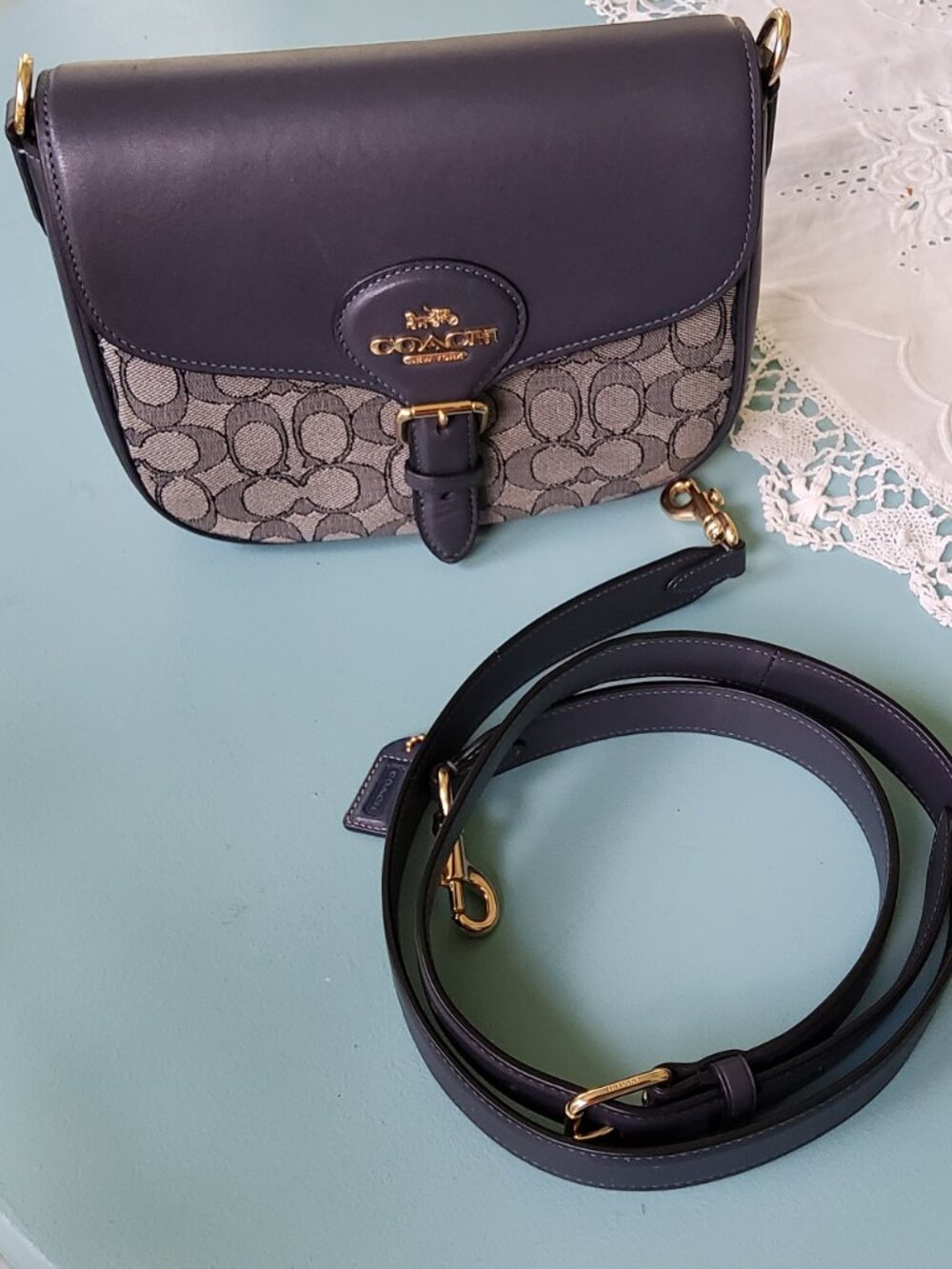 Coach Amelia Saddle Crossbody Bag in Navy and Jacquard Signature Print CU998